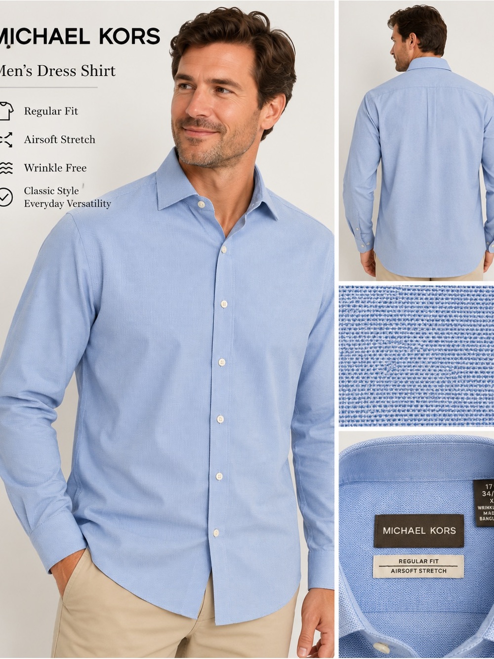 Michael Kors Men’s Light Blue Airsoft Stretch Dress Shirt XL 17.5 34/35